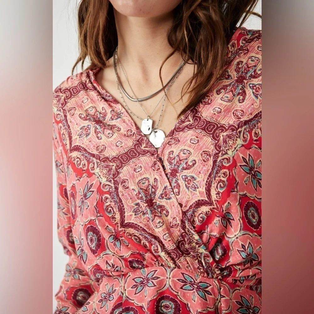 NWT Free People Red and Pink Geometric Blouse sz L
